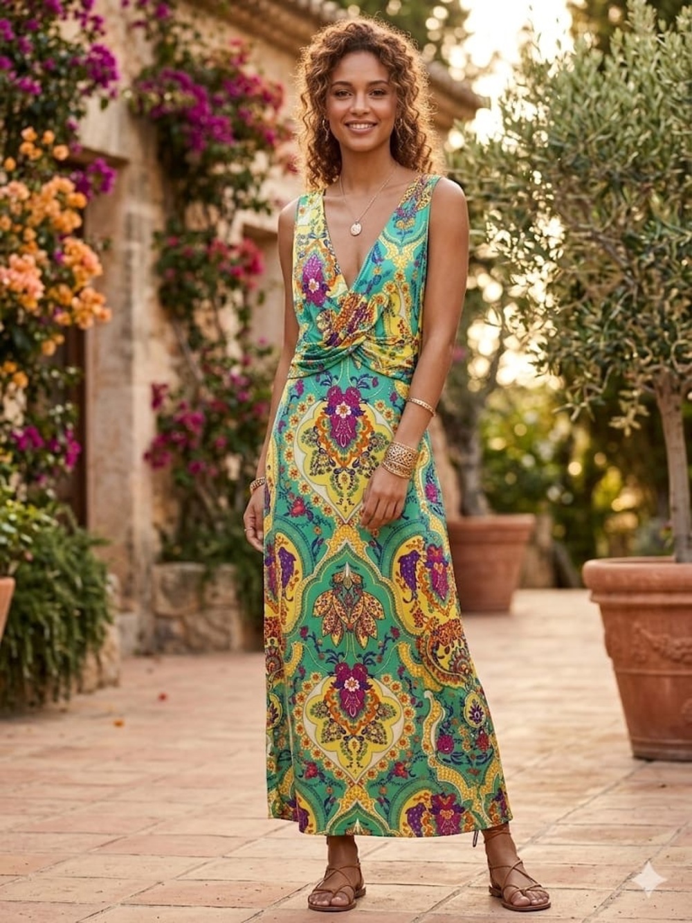 Charming Charlie Green Paisley Twist-Front Maxi Dress